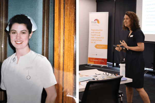Sheena Callaghan as a nursing student, just beginning her career, and in her role as an educator with True.