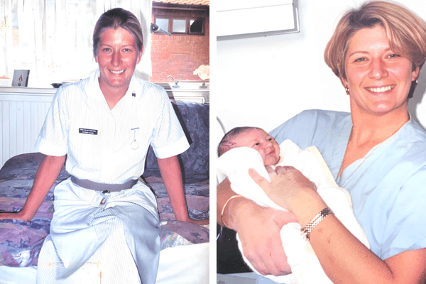 Helen Crabtree-Spencer as a nursing student and with the last baby she delivered as a midwifery student